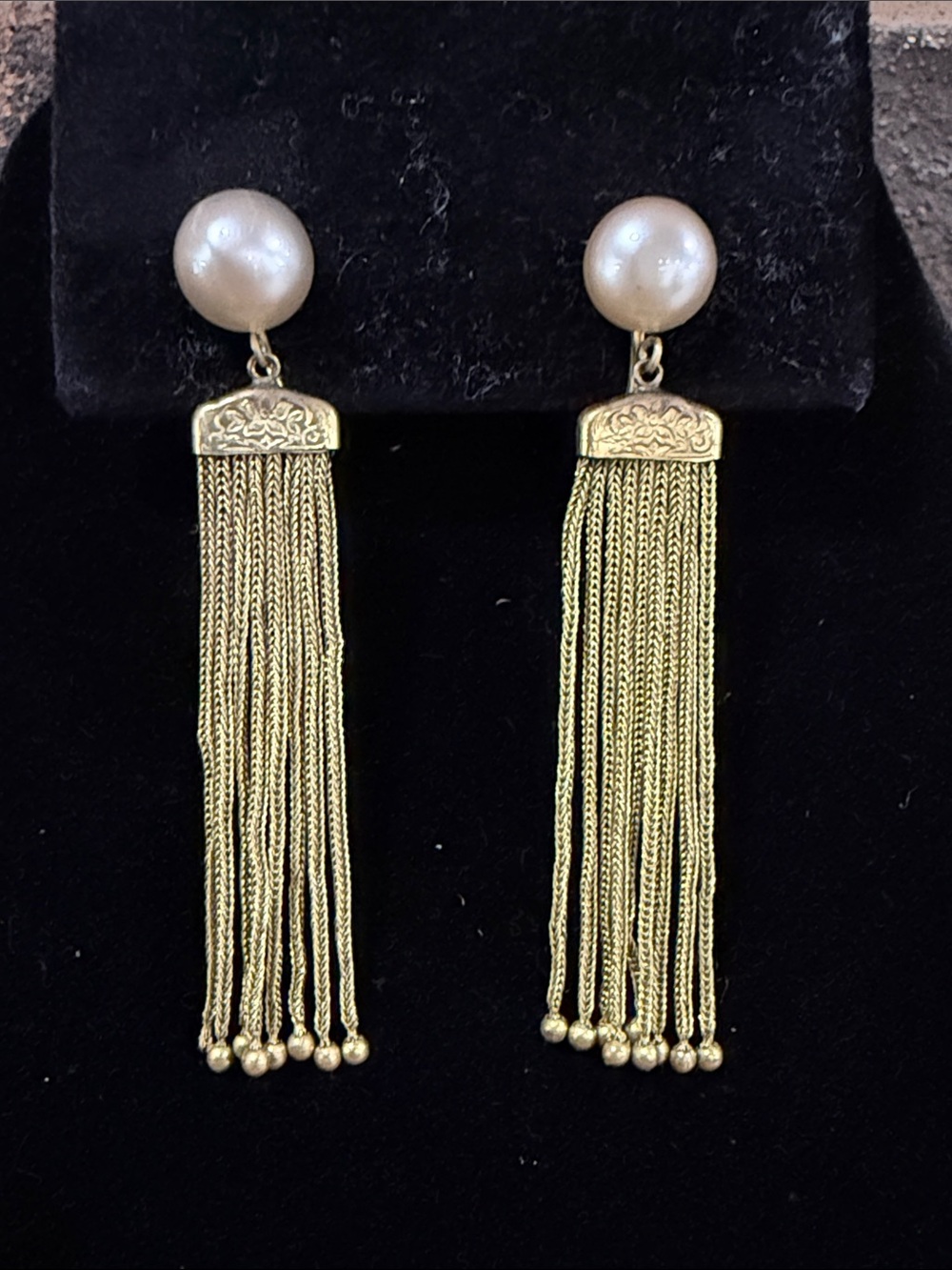 Estate Antique gold tone fringe tassel faux pearl screw back earrings